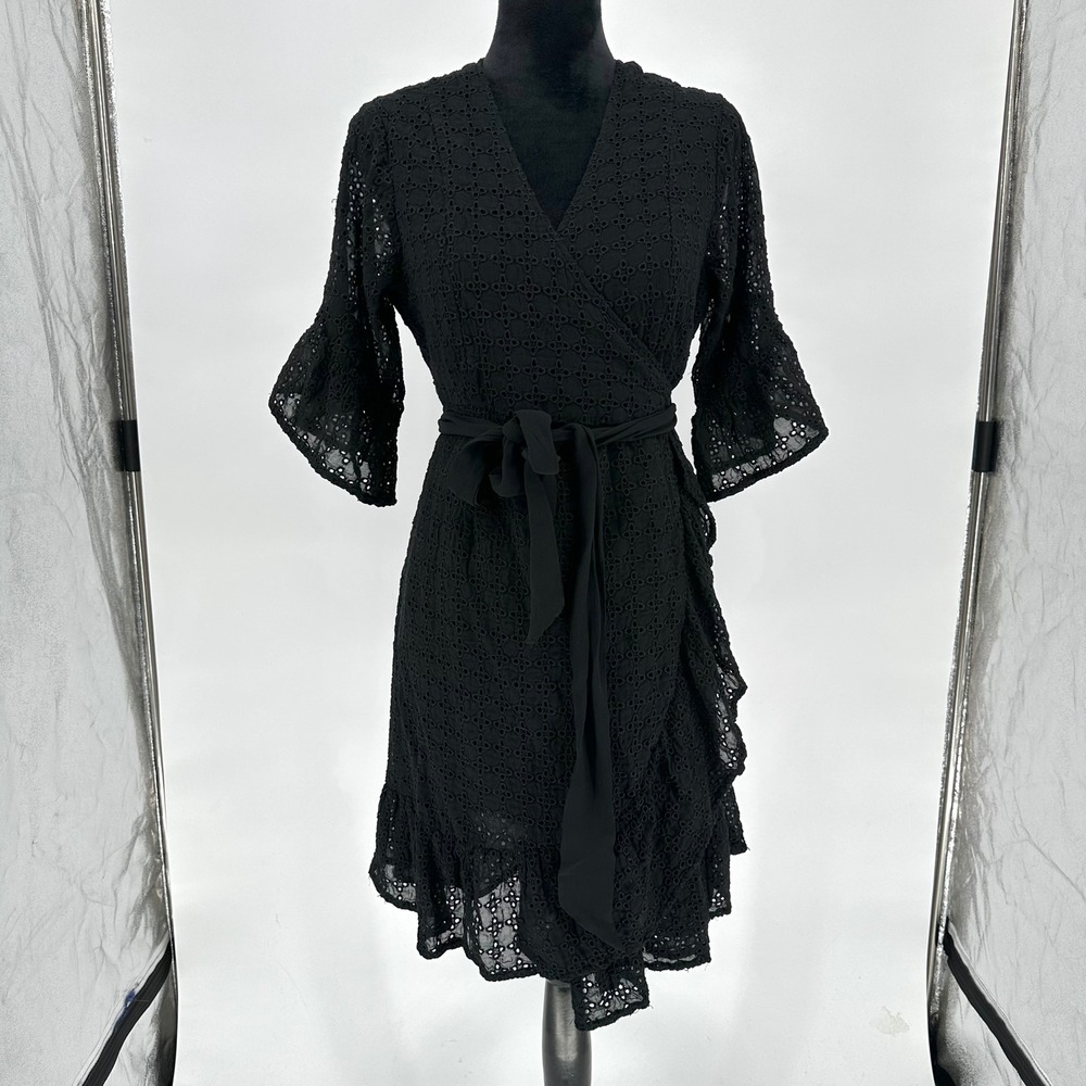 A Pea In The Pot Black Eyelet Wrap Belted Dress Ruffle Hem Half Sleeve Small